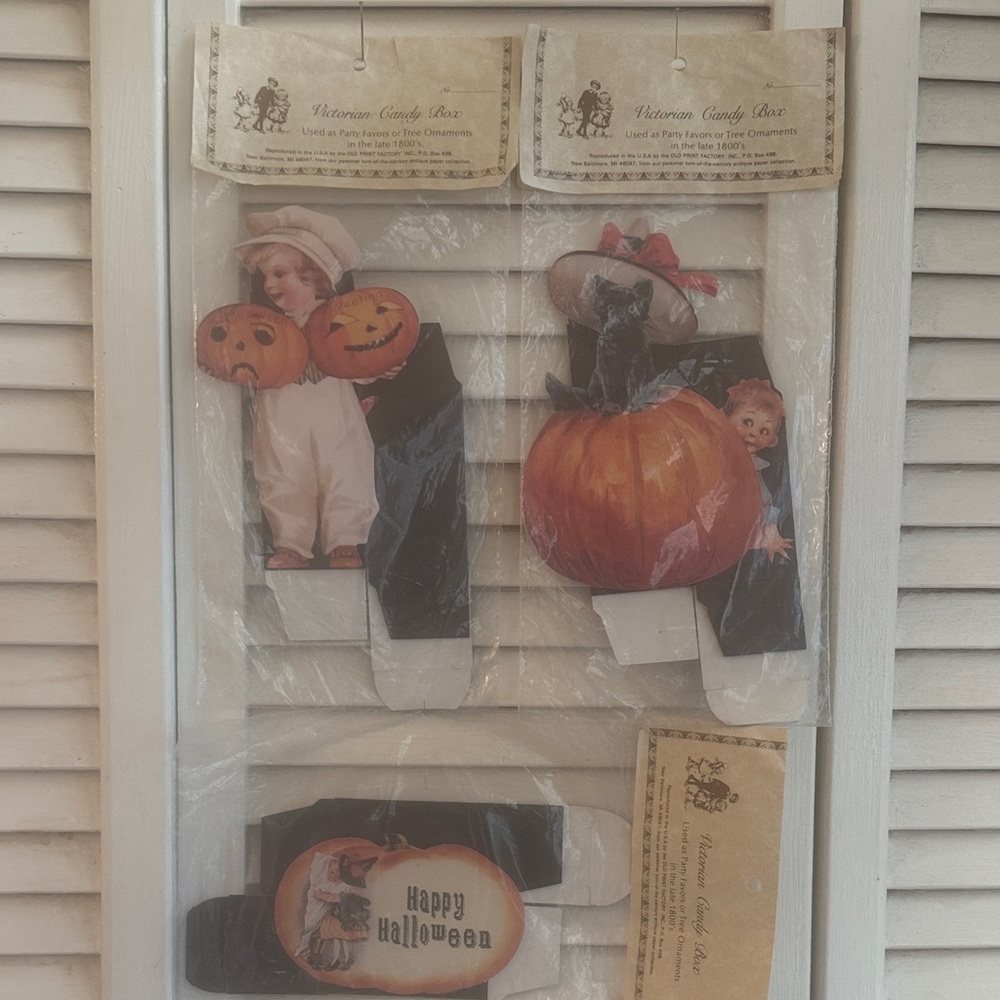 Halloween Candy Boxes, Vintage Victorian Repros.
4 Packaged Boxes C-1990’s